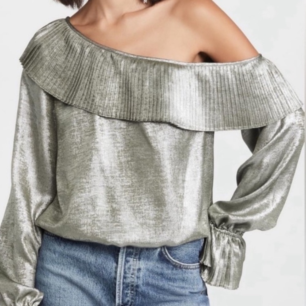 Ramy Brook New York Sharese Asymmetrical Silver/Green Metallic Pleated Top EUC